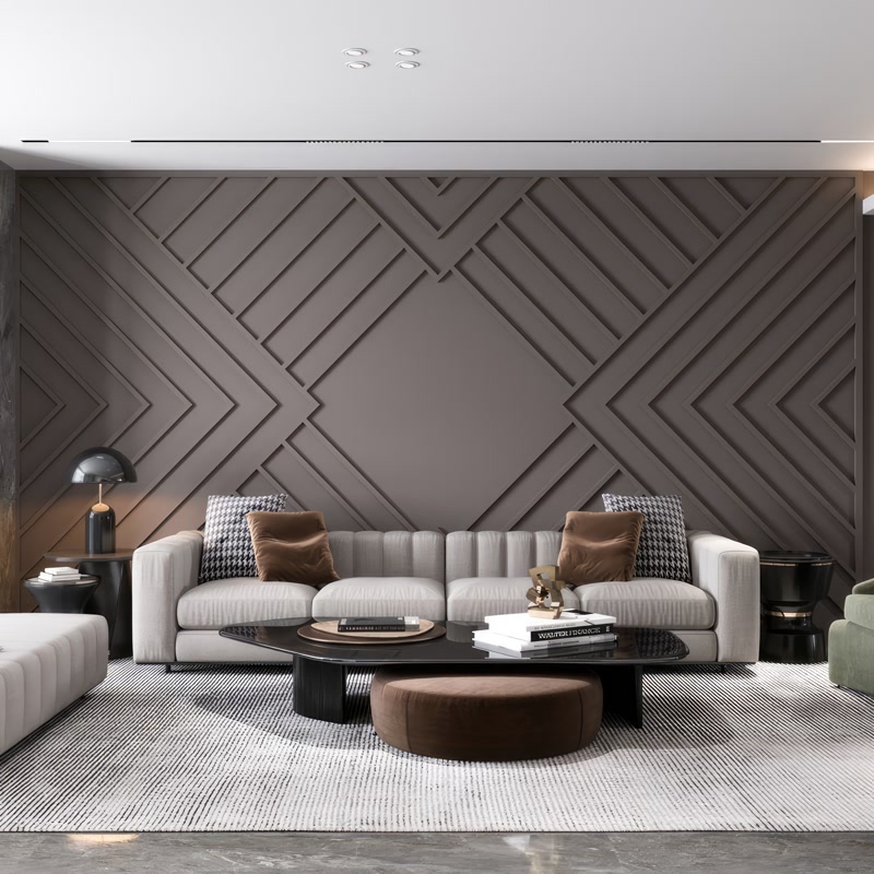 Koyu vizon duvar üzerinde geometrik düzenli poliüretan P851350 çıta uygulaması ve modern salon dekorasyonu