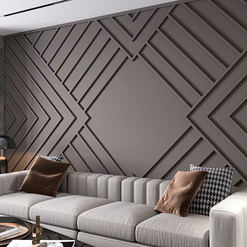 Vizon renkli salonda P851350 poliüretan çıta ile yapılmış geometrik diyagonal duvar çıtalama uygulaması.