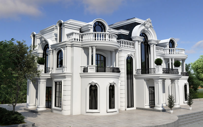 Klasik villa dış cephesinde kullanılan beyaz poliüretan söve, pilaster sütun ve balkondaki küpeşte balustrad uygulaması.