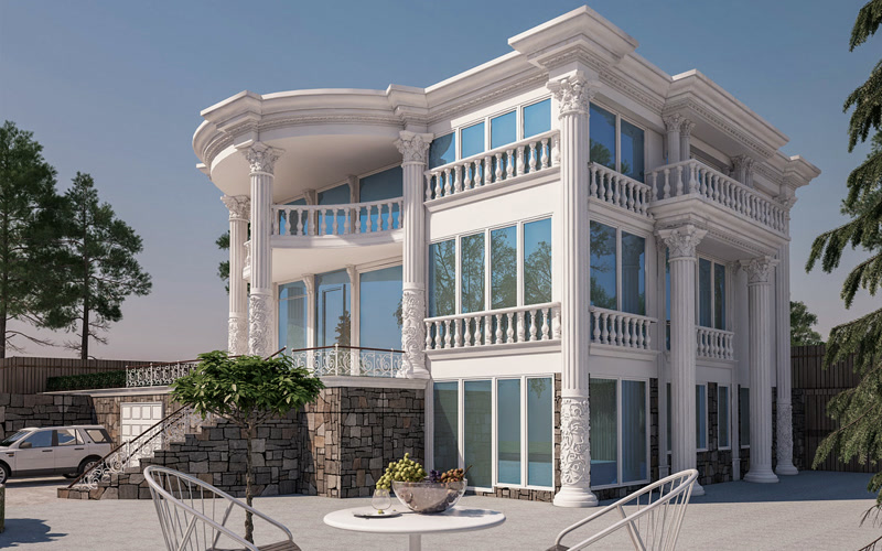 Poliüretan yivli sütun ve pencere sövesi kaplamalı, taş tabanlı üç katlı modern villa dış cephe tasarımı.