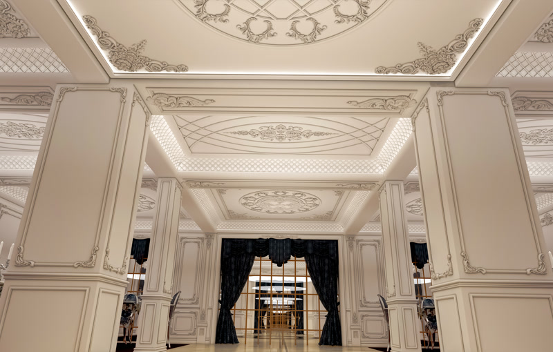 Poliüretan pilaster sütun, tavan göbeği ve çıta profilleri ile uygulanmış geniş klasik iç mekan tasarımı.