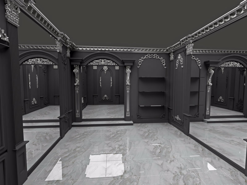 Siyah duvar üzerine gümüş varaklı poliüretan pilaster sütun, kartonpiyer ve çıta köşe süslemesi uygulaması.