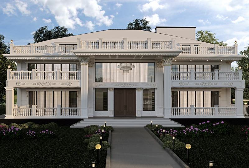 Beyaz poliüretan söve, pilaster sütun ve balustrat kaplamalı iki katlı müstakil villa dış cephe tasarımı.