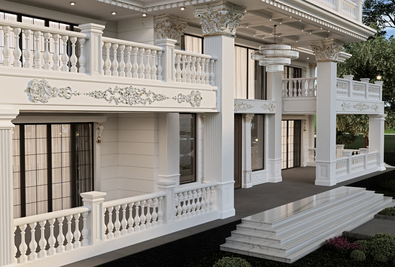 Poliüretan pilaster sütun ve dış cephe söve kaplamalı iki katlı müstakil villa tasarımı