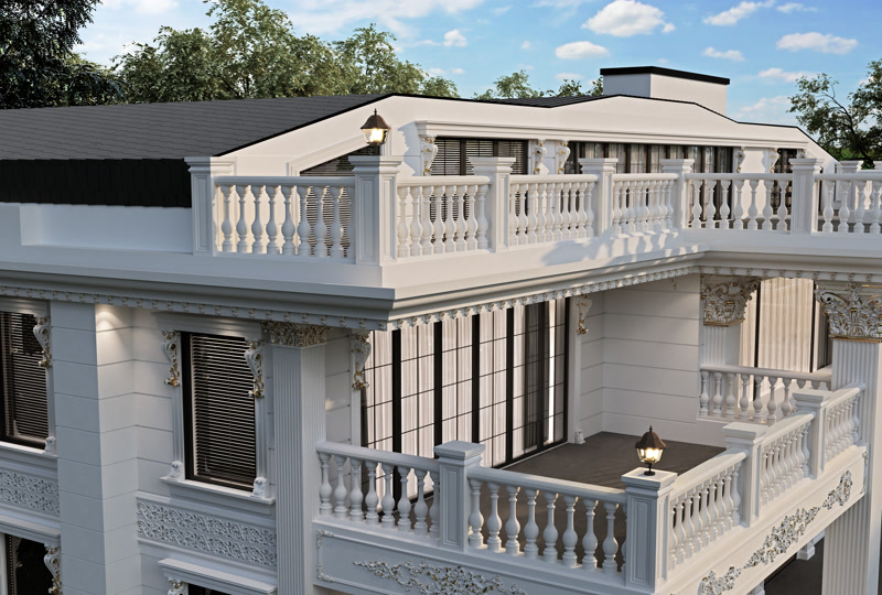 Klasik villa mimarisinde poliüretan balustrad, pilaster sütun ve pencere sövesi dış cephe kaplama uygulaması.