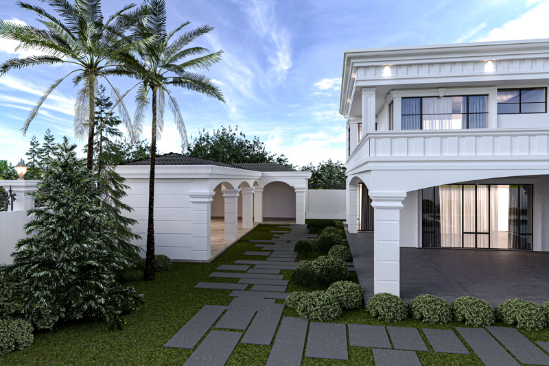 Poliüretan dış cephe söveleri, P5040W pilaster sütunlar ve kemerli sütun galerisi bulunan beyaz villa cephesi.