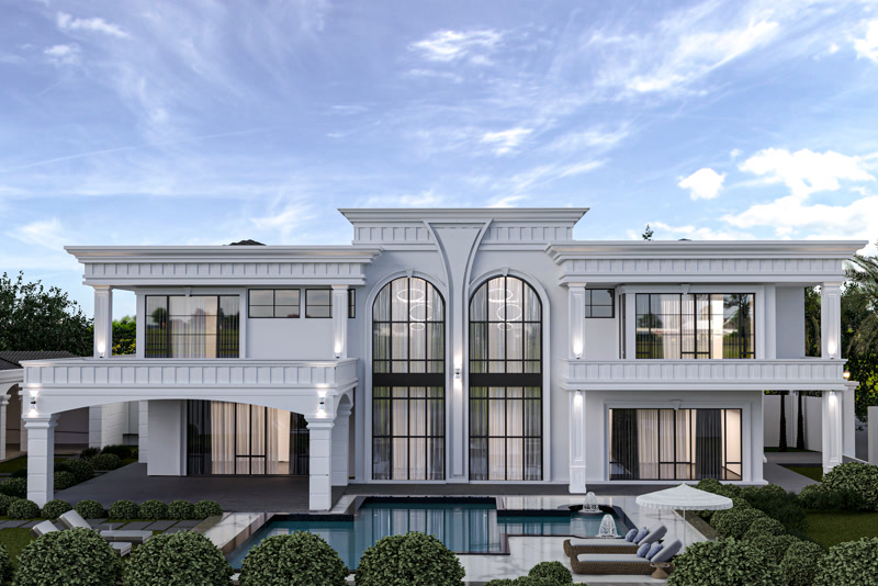 Poliüretan kavis kemer, pilaster sütun ve söve kaplamalı iki katlı beyaz villa dış cephe tasarımı