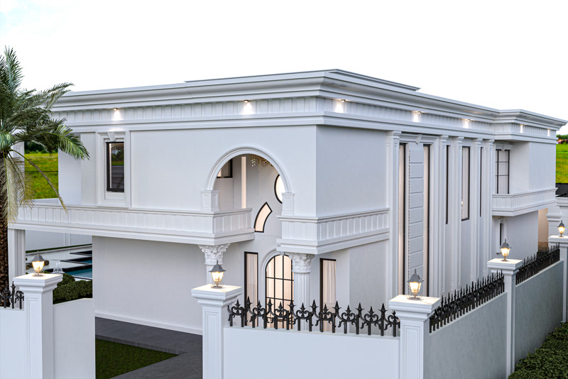 Poliüretan söve, dikey pilaster sütunlar ve kemer profilleri ile tamamlanmış beyaz villa dış cephe dekorasyonu.