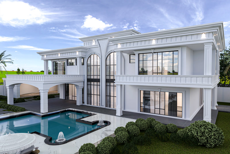 Beyaz renkli klasik villa dış cephesinde kullanılan poliüretan söve, kavisli kemer ve pilaster sütun kaplaması.