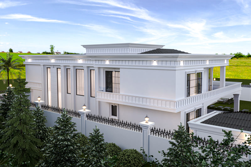 Beyaz poliüretan söve, pilaster sütun ve panel kaplamalı iki katlı modern klasik villa dış cephe tasarımı.