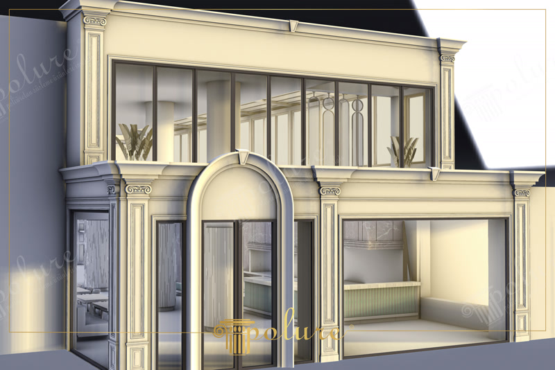 İki katlı modern işyeri dış cephesinde poliüretan pilaster sütunlar, söve profilleri ve cam vitrin uygulaması.