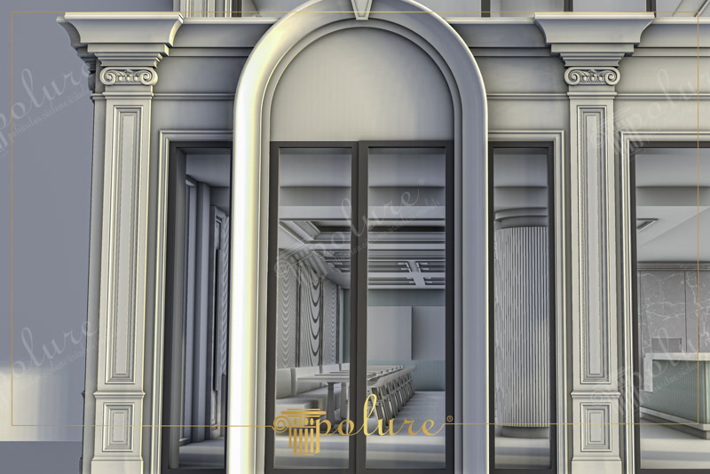 Poliüretan pilaster sütunlar ve kapı söve profilleri ile tasarlanmış modern dış cephe giriş kapısı modeli.