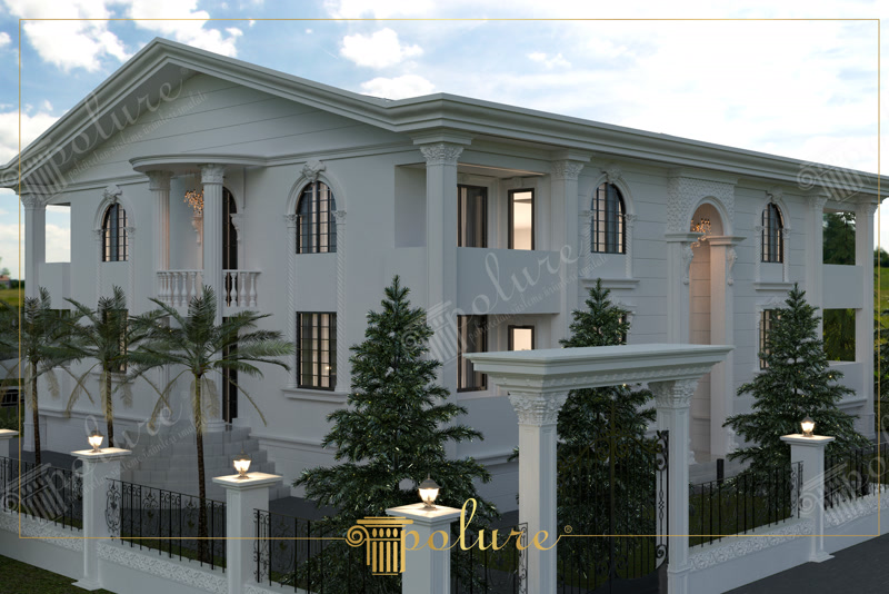 Poliüretan dış cephe sütun, kemerli söve ve kaplama panelleriyle tasarlanmış iki katlı lüks villa cephesi