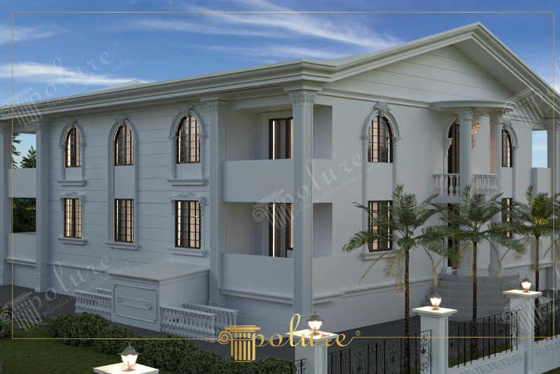 Poliüretan sütunlar ve pencere söveleri ile kaplanmış modern iki katlı beyaz otel binası dış cephe tasarımı.