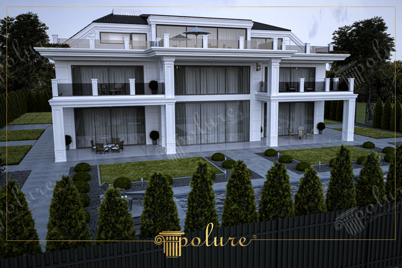 Poliüretan kare sütunlar ve kat silmeleri ile tasarlanmış geniş camlı modern villa dış cephe giydirme uygulaması.