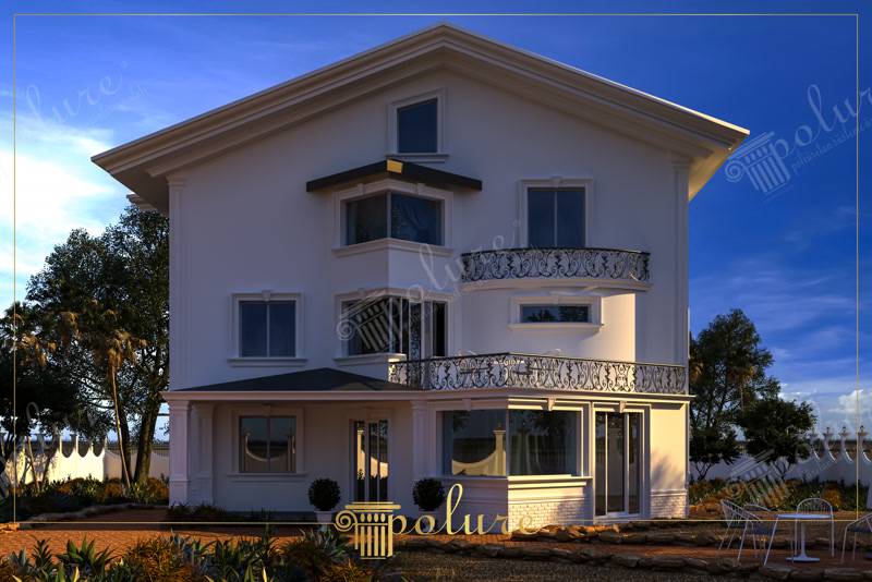 Üç katlı modern villanın poliüretan dış cephe söveleri, kat silmeleri ve pencere profilleri ile kaplanmış görüntüsü.