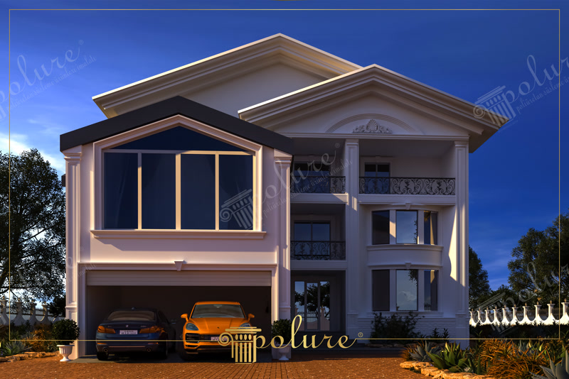 Poliüretan dış cephe kaplama, dekoratif sütunlar ve garaj üzeri geniş pencereli modern villa cephe tasarımı.