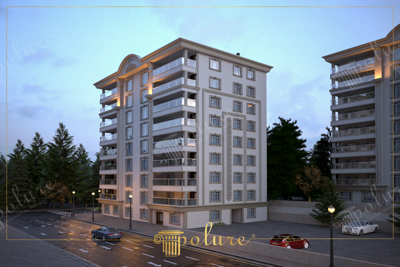 Çok katlı konut projesi dış cephesinde poliüretan söve, pilaster sütun ve kat silmesi uygulaması örneği.