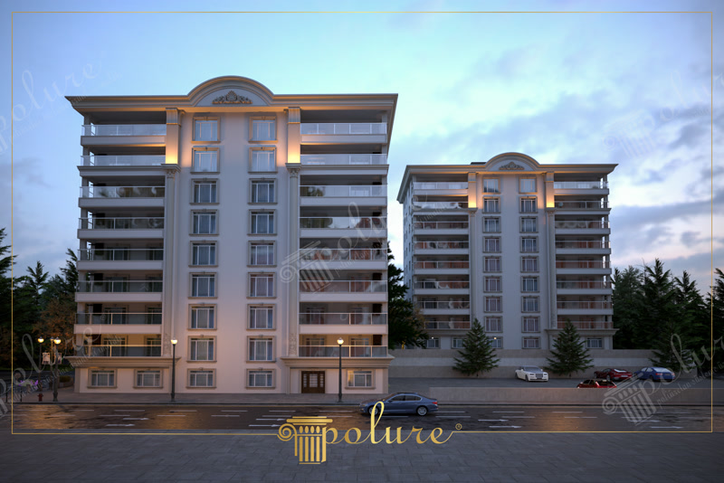 Poliüretan yivli pilaster sütunlar ve pencere söveleri ile kaplanmış çok katlı klasik konut dış cephesi projesi.