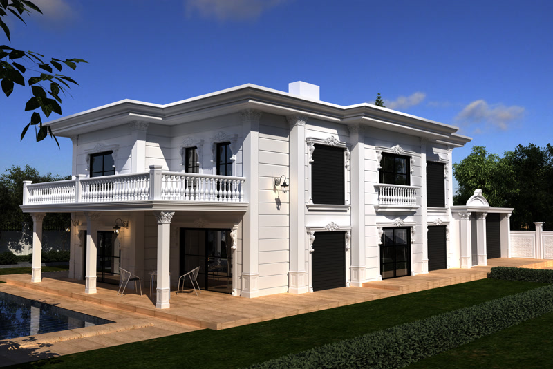 İki katlı beyaz villa dış cephesinde poliüretan sütun kaplama, balustrad korkuluk ve söve uygulaması.