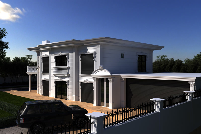 Beyaz poliüretan dış cephe kaplaması, dekoratif pencere söveleri ve dikey pilaster sütunlar ile tasarlanmış modern villa.