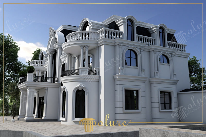 Görkemli villa dış cephesinde poliüretan sütun kaplamaları, kemerli pencere söveleri ve teras korkuluk uygulaması.