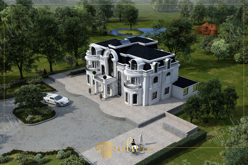 Siyah mansard çatılı villa dış cephesinde uygulanan beyaz poliüretan sütun kaplama, pencere sövesi ve dekoratif panel modelleri.