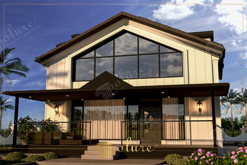 Modern villa dış cephesinde poliüretan dikey panel kaplamaları, kapı çerçeve söveleri ve pilaster sütun detayları.