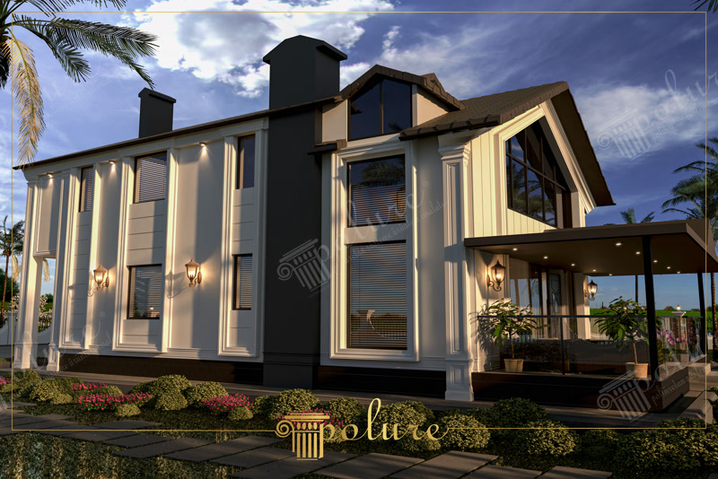 Siyah ve beyaz renkli modern villa dış cephesinde poliüretan söve, pilaster sütun ve panel kaplama uygulaması.