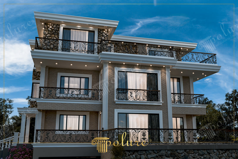 Poliüretan dış cephe kaplama, sütun ve söve detaylarına sahip üç katlı modern villa dış cephe tasarımı.