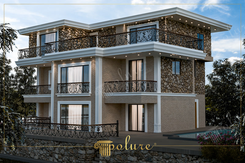 Taş kaplamalı modern villanın dış cephesinde kullanılan beyaz poliüretan sütun, söve ve kat silmesi uygulaması.