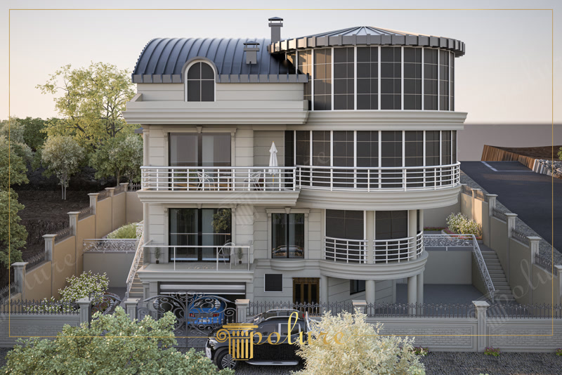 Dairesel cam kuleli ve poliüretan kat silmeli üç katlı modern villa dış cephe kaplama dekorasyon modeli.