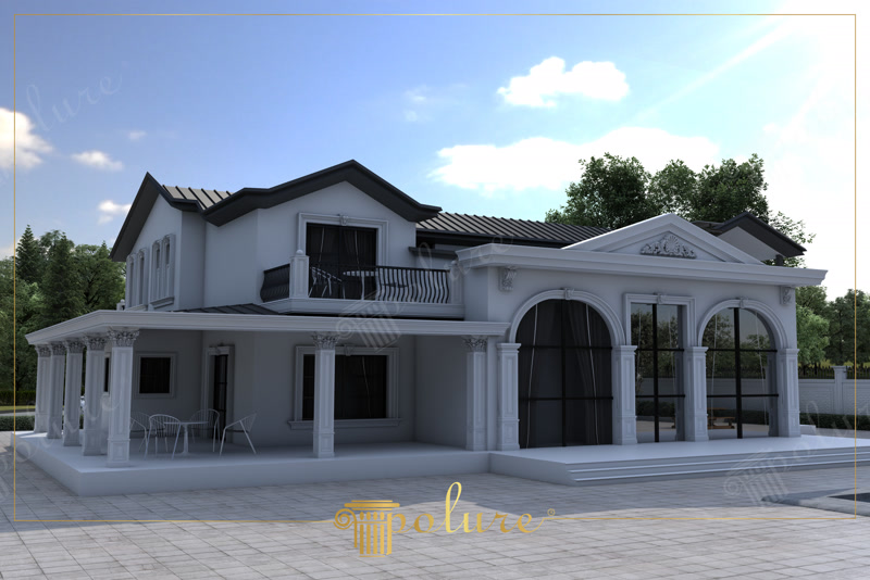 Poliüretan sütun kaplama ve kemerli pencere sövesi kullanılan iki katlı beyaz villa dış cephe tasarımı.