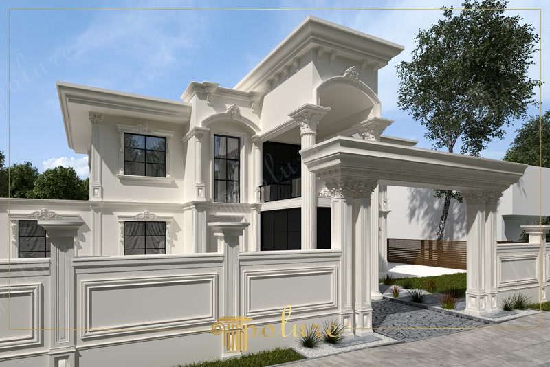 Poliüretan dış cephe sütunları ve pencere söve kaplamaları ile tasarlanmış modern beyaz villa cephesi.