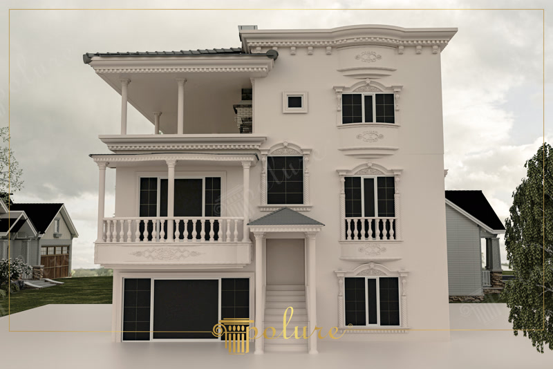 Üç katlı villa dış cephesinde poliüretan yivli sütunlar, dekoratif pencere söveleri ve balkon korkuluğu kaplaması.