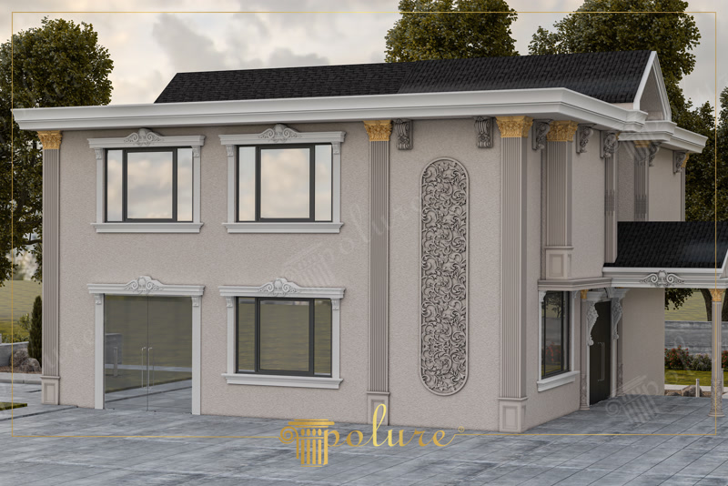 Iki katlı villa dış cephesinde poliüretan söve, pilaster sütun, pencere tacı ve dekoratif payanda uygulaması