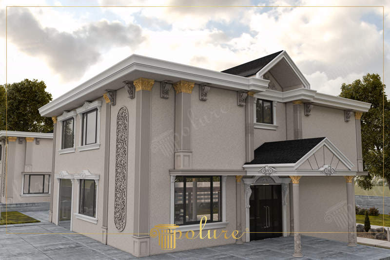 Poliüretan pilaster sütunlar, söve kaplamaları ve payandalar ile dekore edilmiş müstakil villa dış cephe tasarımı.