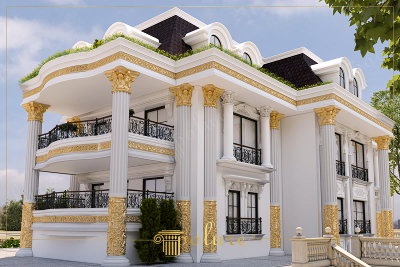 Poliüretan sütunlar, söveler ve altın detaylı başlıklar ile yapılmış çok katlı villa dış cephe kaplaması.