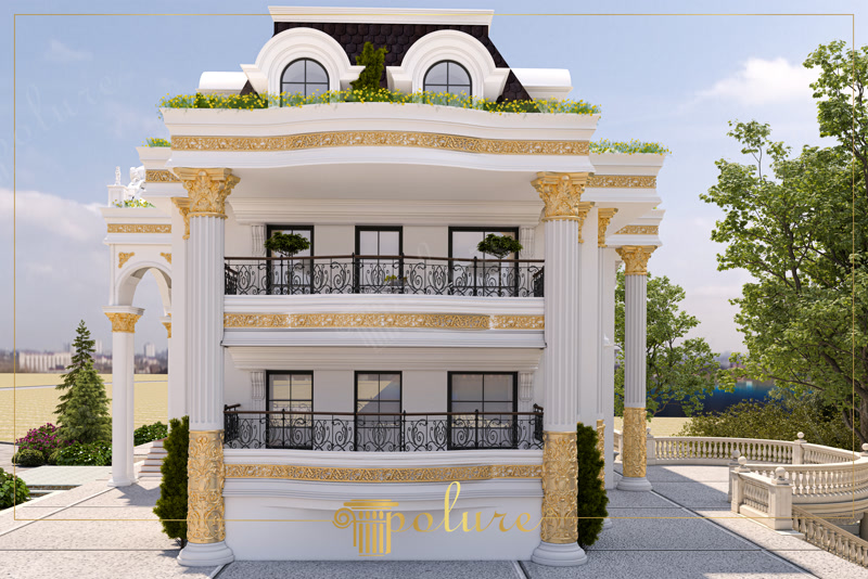 Altın yaldız detaylı beyaz villa dış cephesinde poliüretan sütun, payanda ve balustrad uygulaması