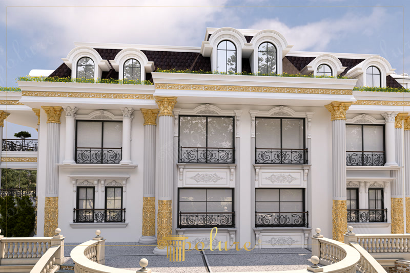 Klasik villa dış cephesinde uygulanan poliüretan sütunlar, pencere söveleri, rölyef paneller ve korkuluk balustratları.