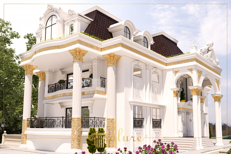 Poliüretan sütunlar, pencere söveleri ve küpeşte badastrol sistemleri ile kaplanmış beyaz villa dış cephe tasarımı.