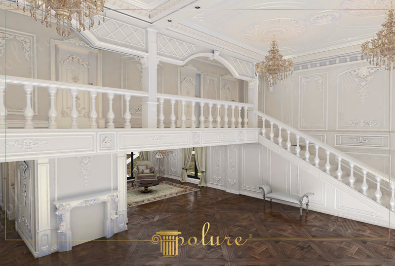 Poliüretan galeri katı korkulukları, pilaster sütun kaplamaları ve dekoratif şömine kasası uygulaması örneği.