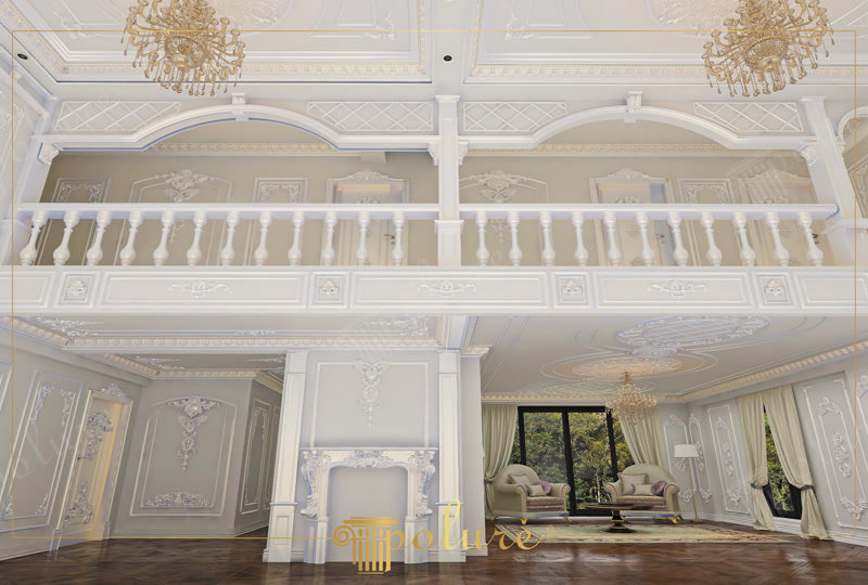 Poliüretan pilaster sütun ve şömine giydirmeli iki katlı villa salon kaplama ve süsleme uygulaması.