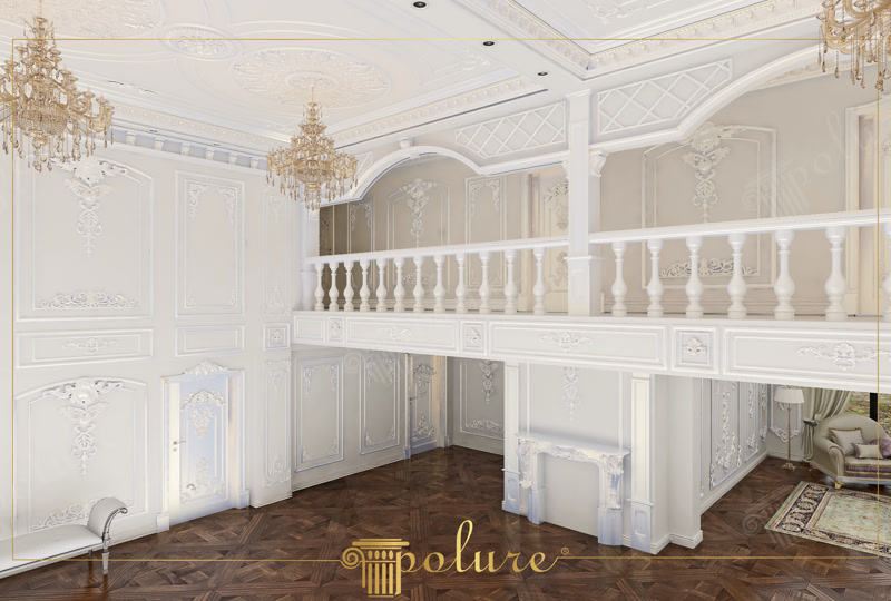 Poliüretan pilaster sütun, payanda ve duvar panelleri ile dekore edilmiş yüksek tavanlı villa galeri boşluğu.
