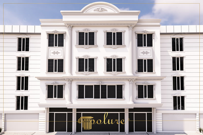 Poliüretan dış cephe söve, pilaster sütun ve dekoratif pencere taçları ile tasarlanmış beyaz bina cephesi.