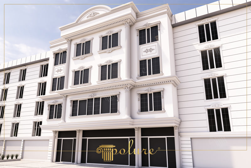 Beyaz poliüretan dış cephe söve, pilaster sütun ve taç kaplama modellerinin uygulandığı çok katlı bina tasarımı.