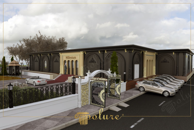 Koyu gri zemin üzerine altın sarısı poliüretan pilaster sütun ve panel kaplamalı düğün salonu dış cephesi.