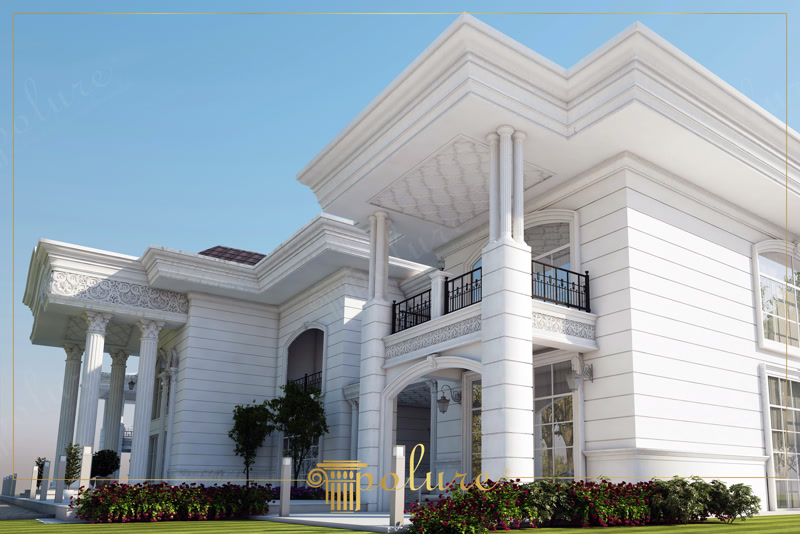 Poliüretan dış cephe kaplama, yivli sütunlar, kavis kemer ve fugalı panel uygulamalı klasik villa cephesi.