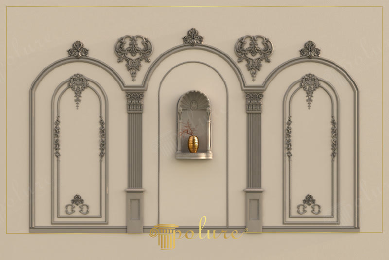 Poliüretan pilaster sütunlar, dekoratif niş P08 ve çıta kombinasyonu ile tasarlanmış simetrik klasik duvar kaplaması.