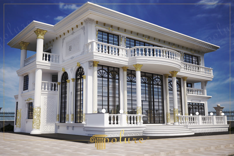 Poliüretan sütun ve pencere sövesi kaplamalı, altın varak detaylı iki katlı klasik villa dış cephe tasarımı.